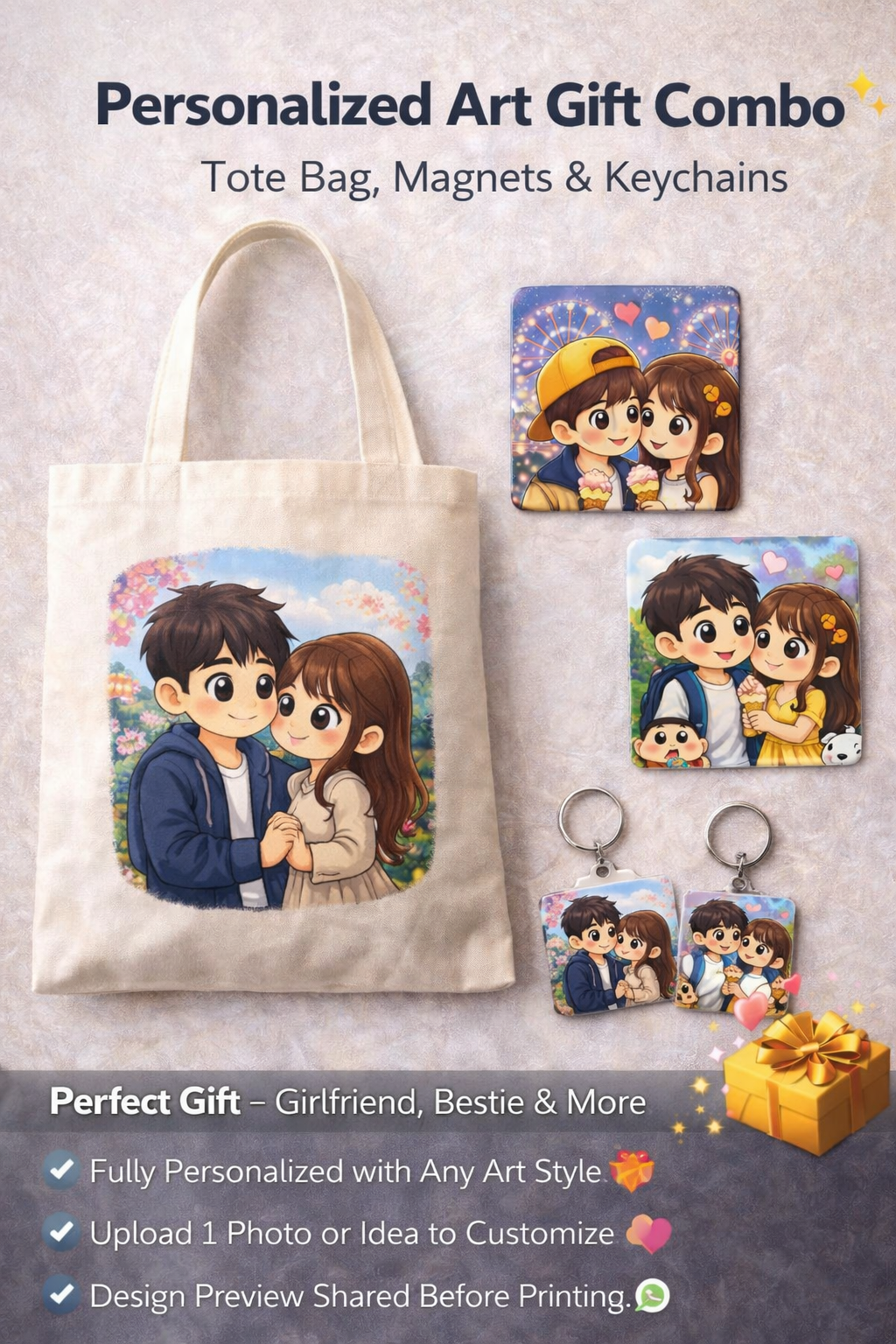 Personalized Gift Combo β Tote Bag, Magnets & Keychains