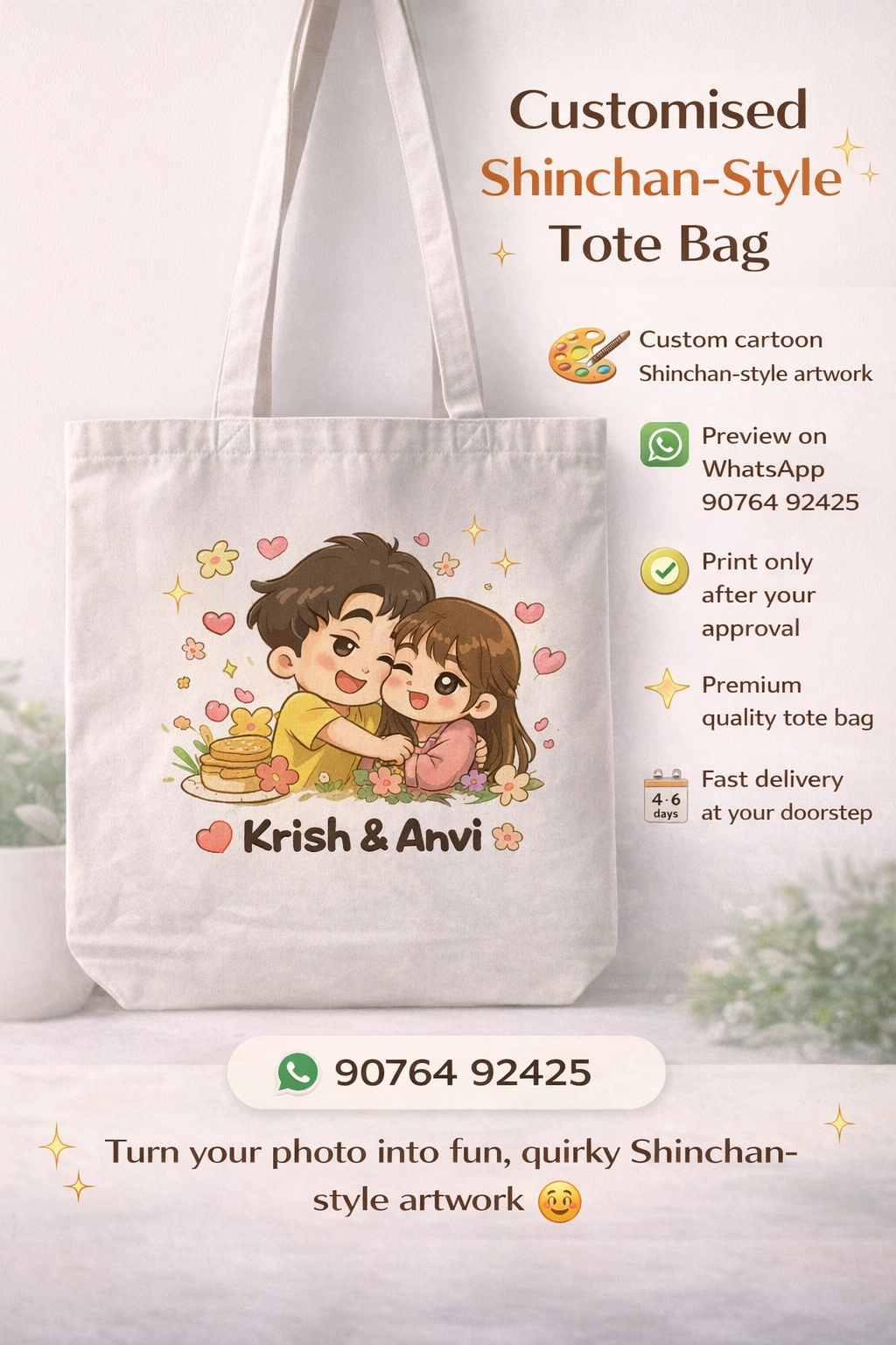 Custom Shinchan-Style Tote Bag – Fun & Cartoon Personalised Art